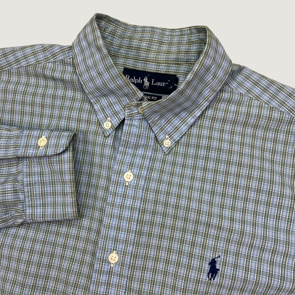 Ralph Lauren Mens Large Button Down Shirt Blue Plaid Classic Fit Long Sleeve